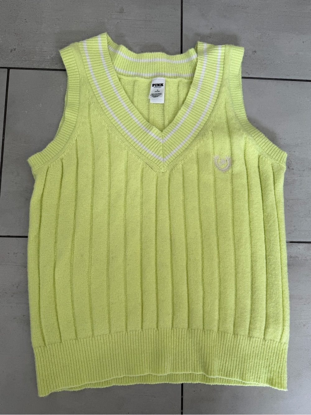 PINK Victoria’s Secret M Lime Varsity Sweater Vest Preppy Y2K